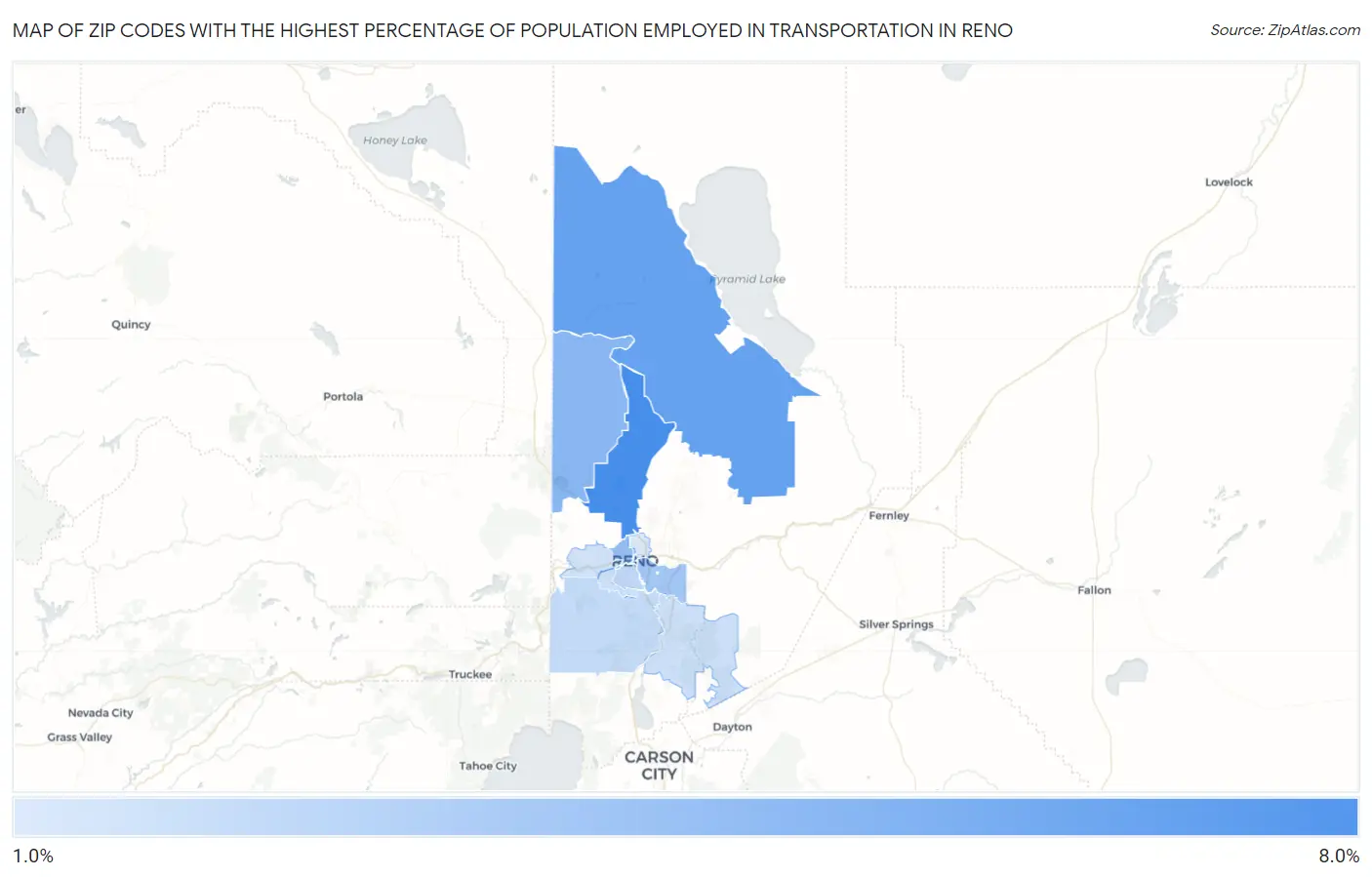 Zip Codes with the Highest Percentage of Population Employed in Transportation in Reno Map