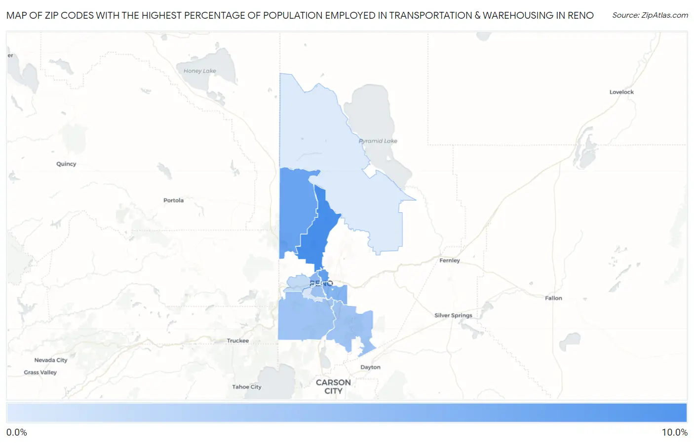 Zip Codes with the Highest Percentage of Population Employed in Transportation & Warehousing in Reno Map