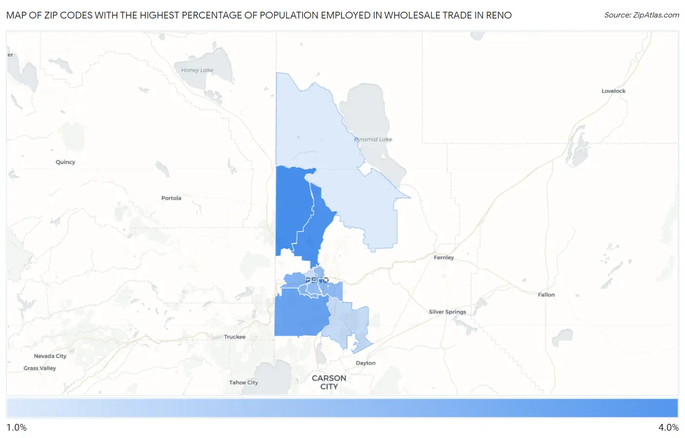 Zip Codes with the Highest Percentage of Population Employed in Wholesale Trade in Reno Map