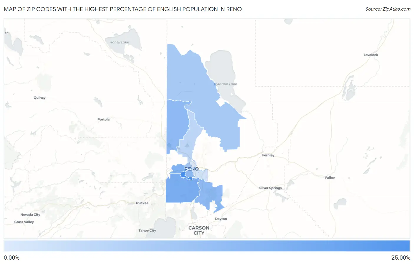 Zip Codes with the Highest Percentage of English Population in Reno Map