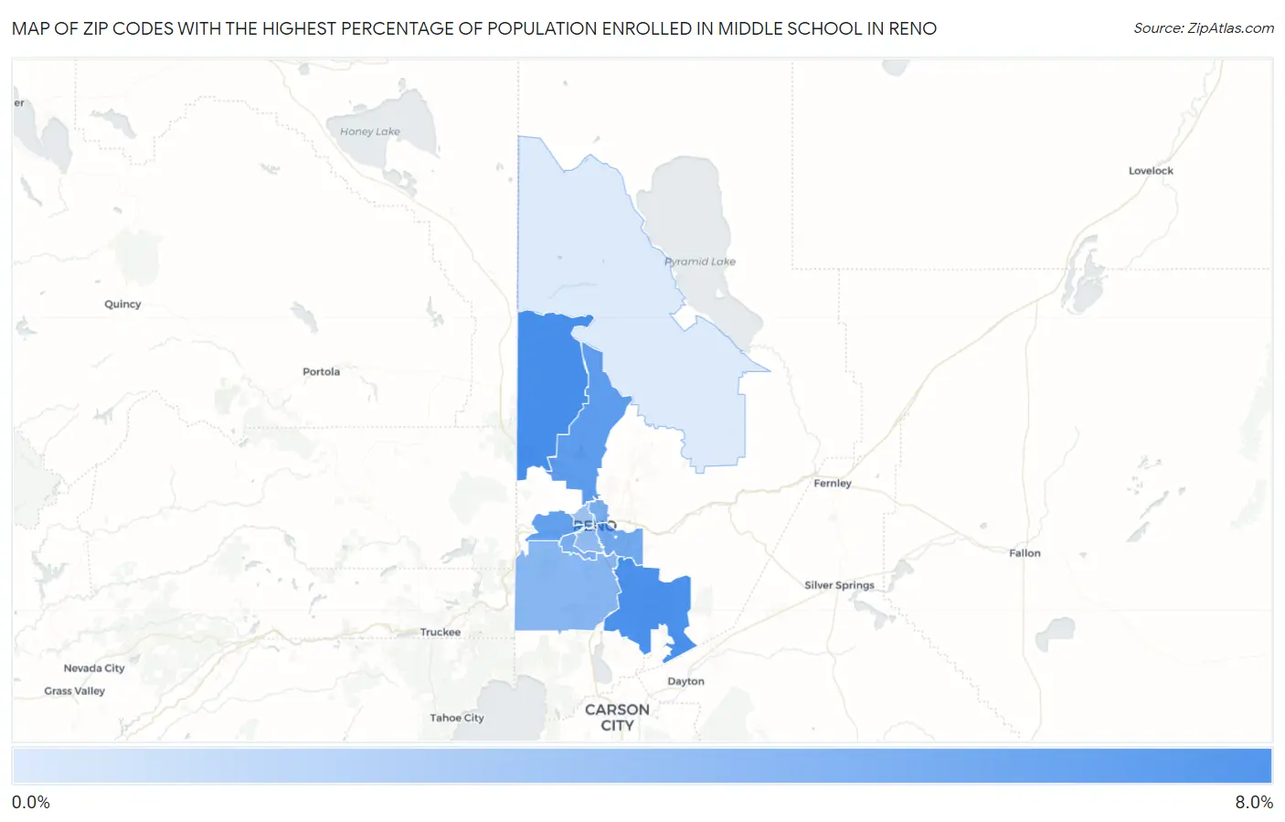 Zip Codes with the Highest Percentage of Population Enrolled in Middle School in Reno Map