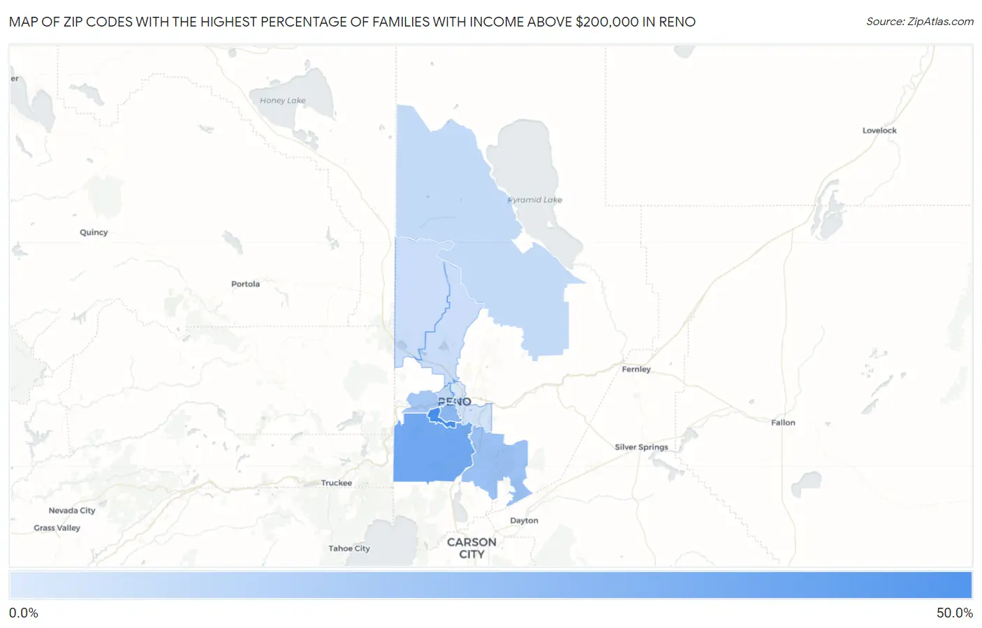 Zip Codes with the Highest Percentage of Families with Income Above $200,000 in Reno Map