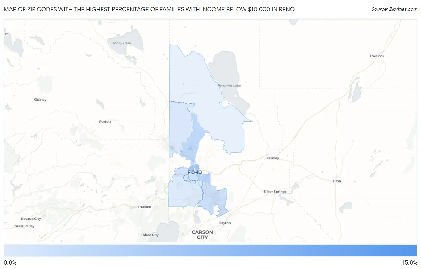 Zip Codes with the Highest Percentage of Families with Income Below $10,000 in Reno Map