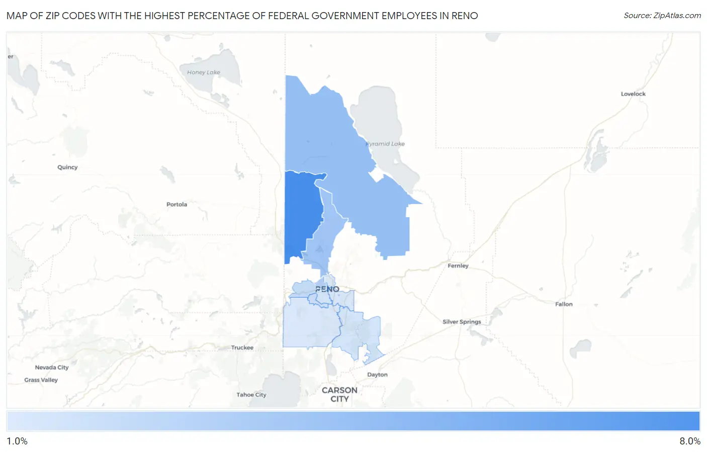 Zip Codes with the Highest Percentage of Federal Government Employees in Reno Map