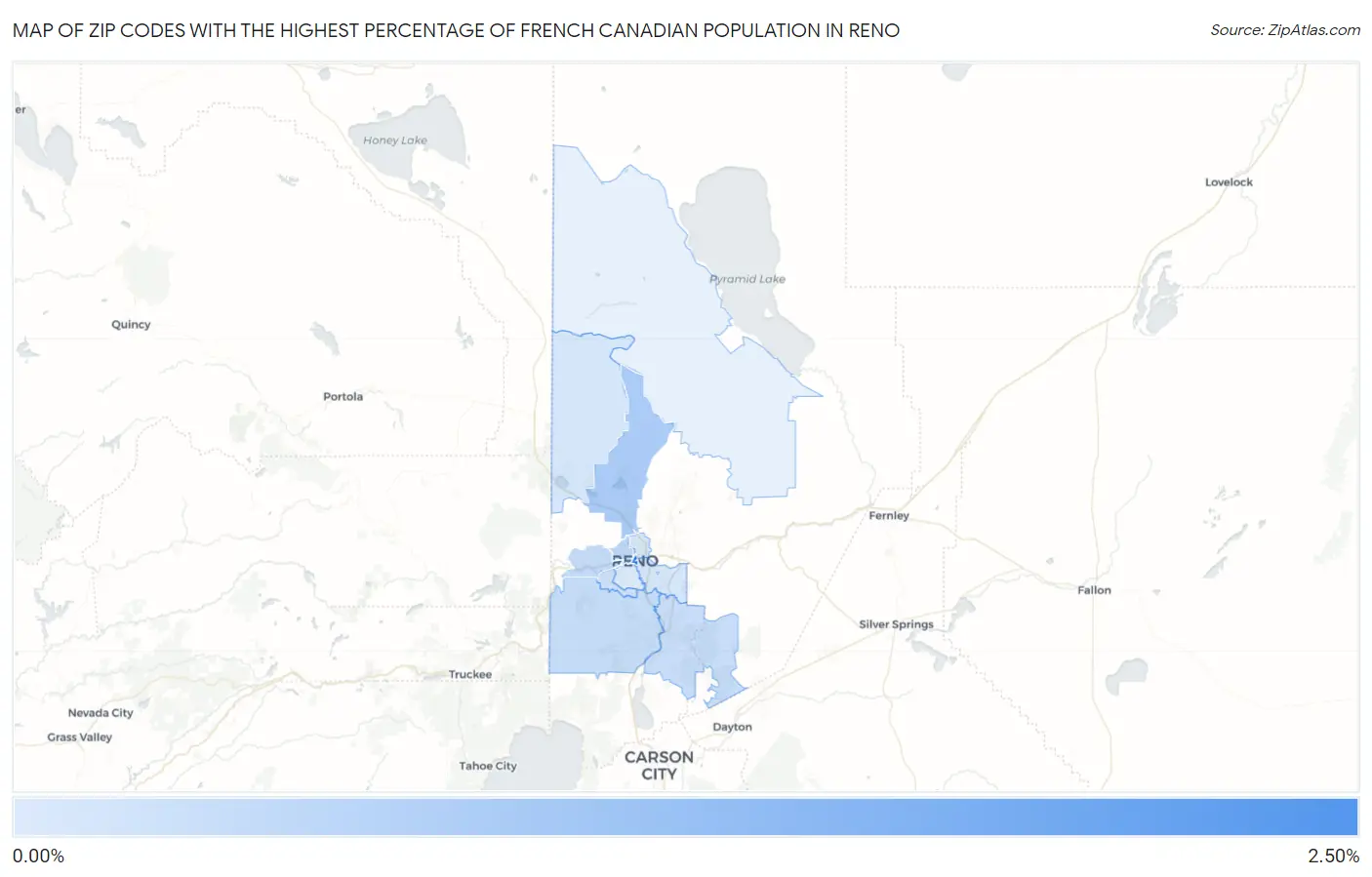 Zip Codes with the Highest Percentage of French Canadian Population in Reno Map