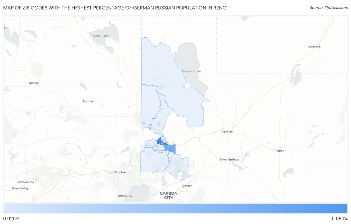 Zip Codes with the Highest Percentage of German Russian Population in Reno Map