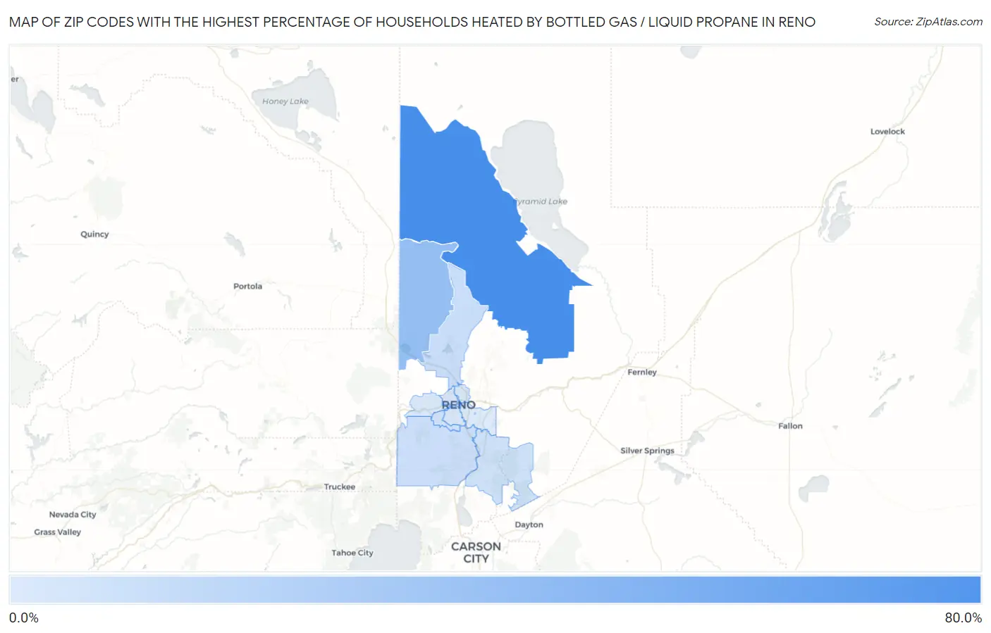 Zip Codes with the Highest Percentage of Households Heated by Bottled Gas / Liquid Propane in Reno Map