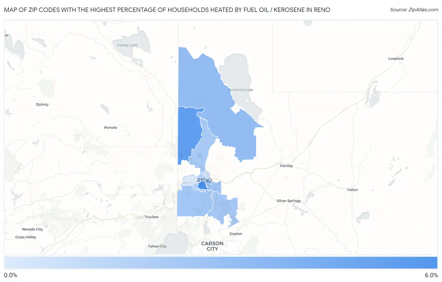 Zip Codes with the Highest Percentage of Households Heated by Fuel Oil / Kerosene in Reno Map
