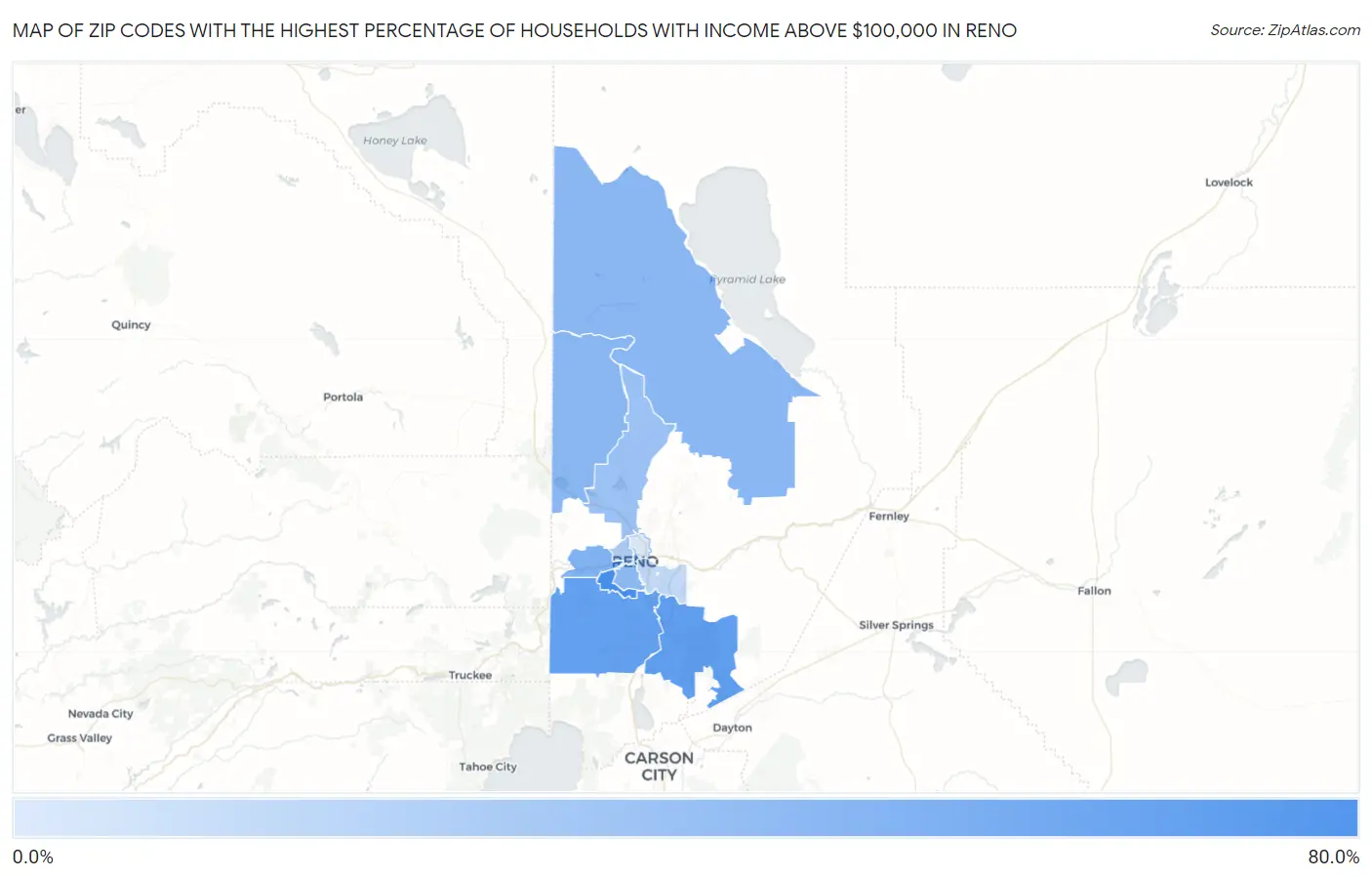 Zip Codes with the Highest Percentage of Households with Income Above $100,000 in Reno Map