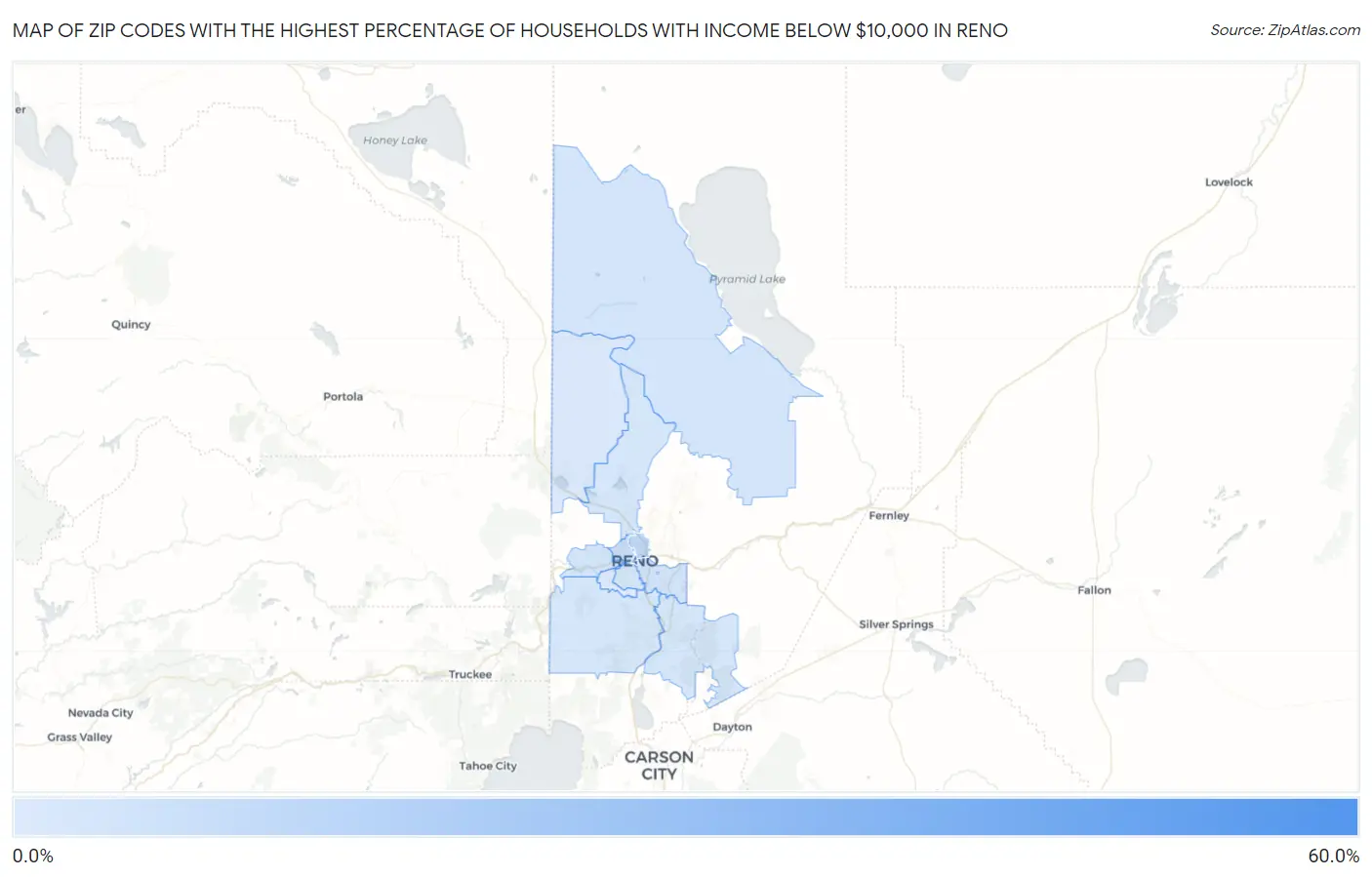 Zip Codes with the Highest Percentage of Households with Income Below $10,000 in Reno Map