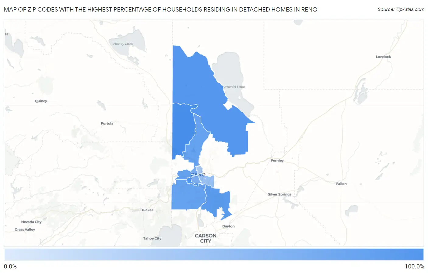 Zip Codes with the Highest Percentage of Households Residing in Detached Homes in Reno Map