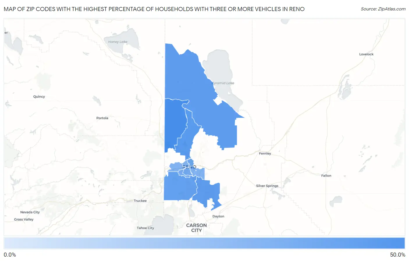 Zip Codes with the Highest Percentage of Households With Three or more Vehicles in Reno Map