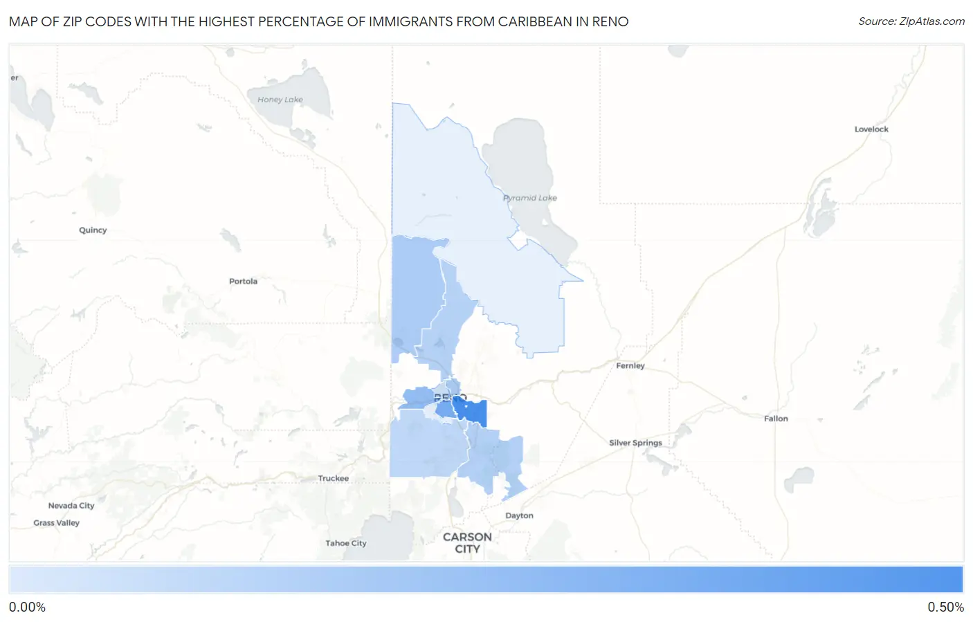 Zip Codes with the Highest Percentage of Immigrants from Caribbean in Reno Map
