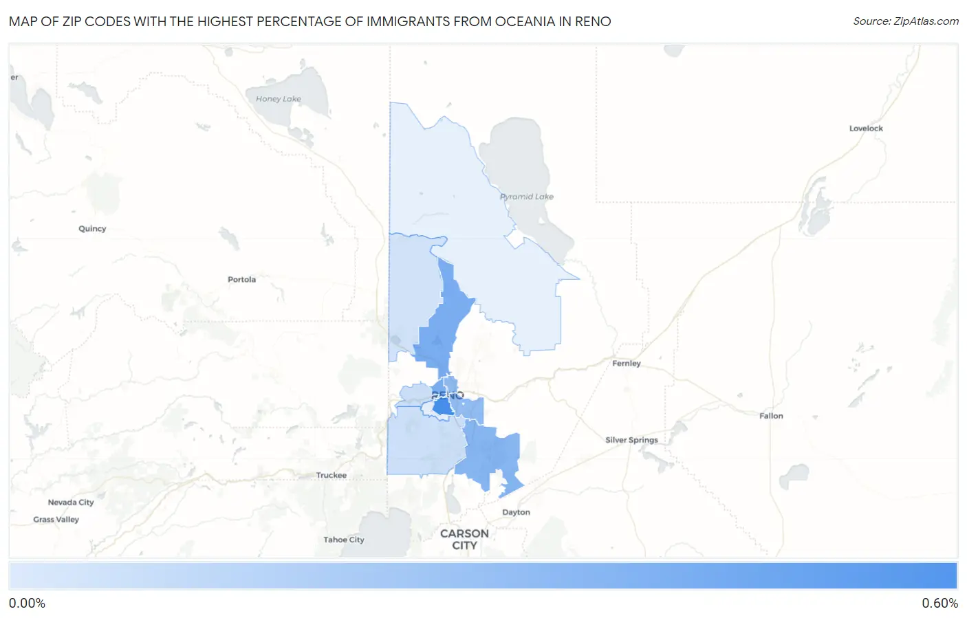 Zip Codes with the Highest Percentage of Immigrants from Oceania in Reno Map
