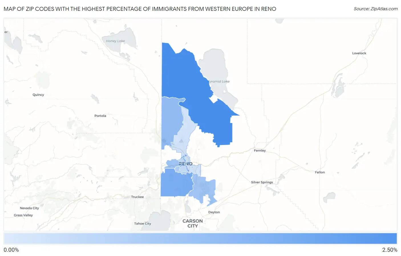 Zip Codes with the Highest Percentage of Immigrants from Western Europe in Reno Map