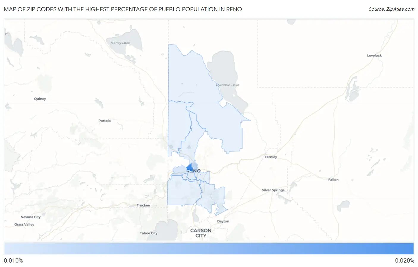 Zip Codes with the Highest Percentage of Pueblo Population in Reno Map