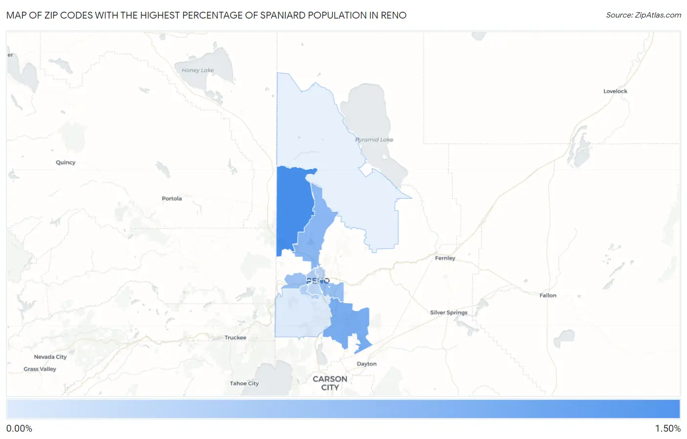 Zip Codes with the Highest Percentage of Spaniard Population in Reno Map