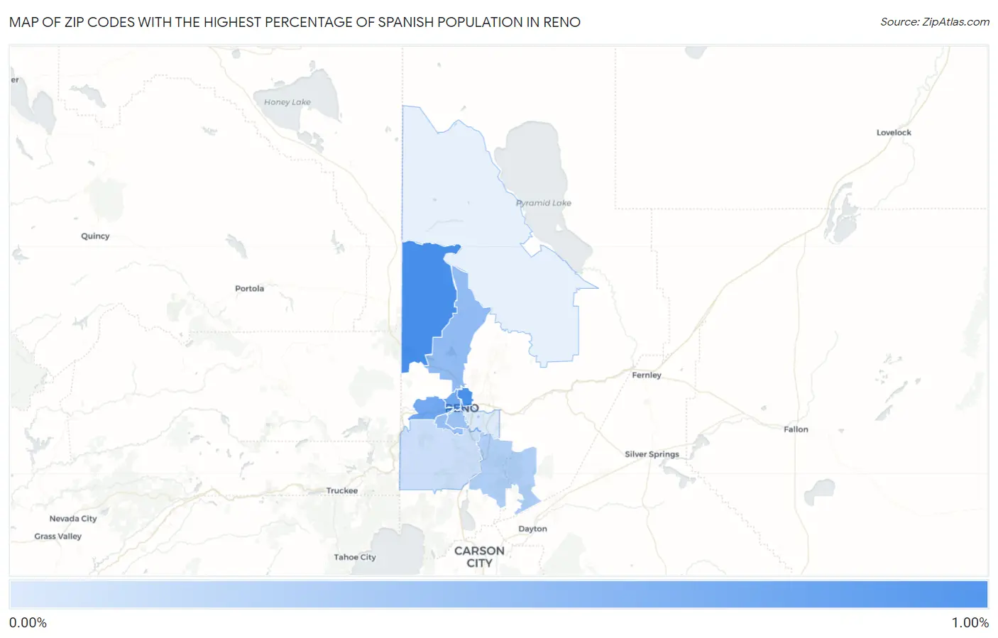 Zip Codes with the Highest Percentage of Spanish Population in Reno Map