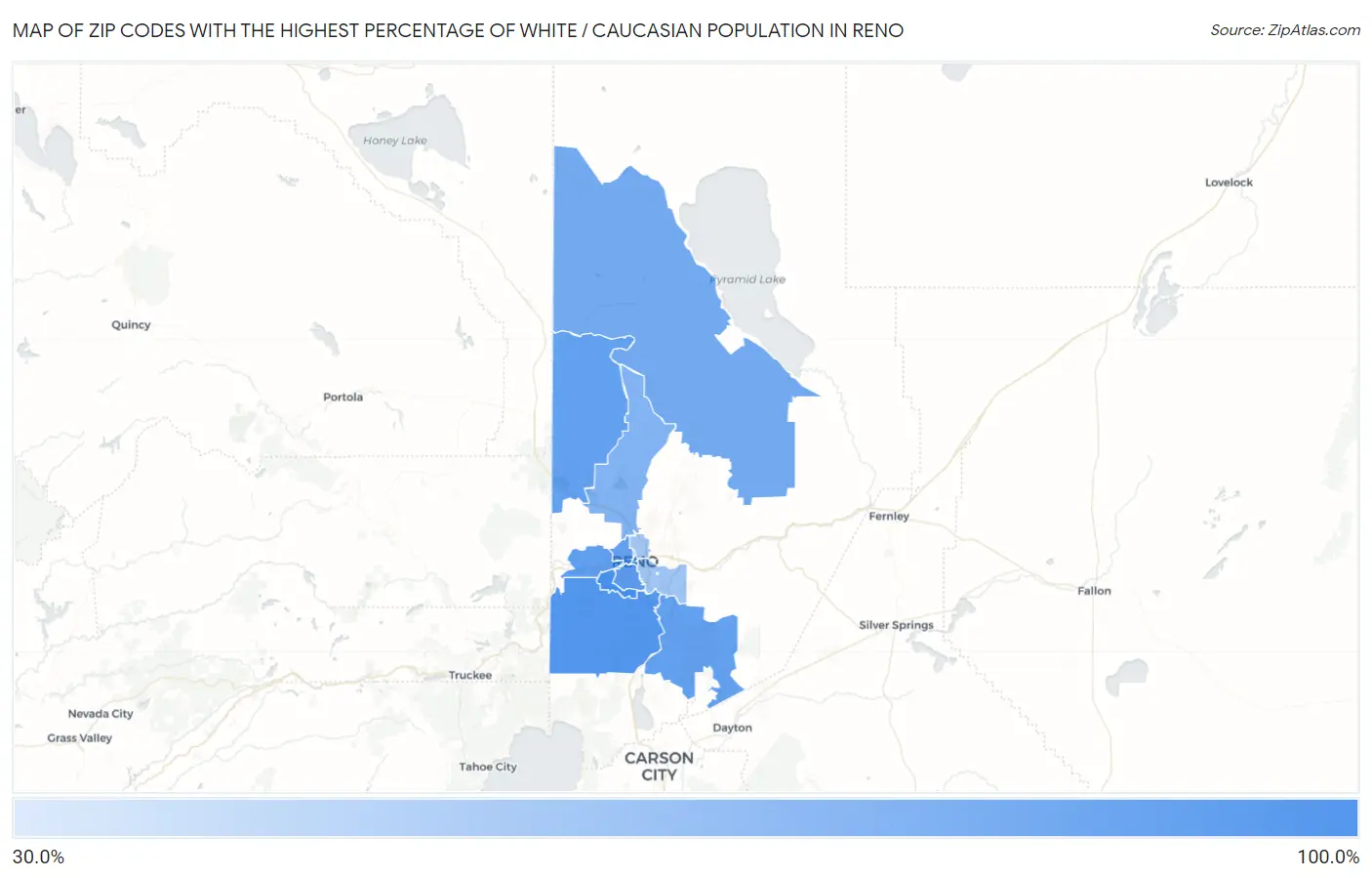Zip Codes with the Highest Percentage of White / Caucasian Population in Reno Map