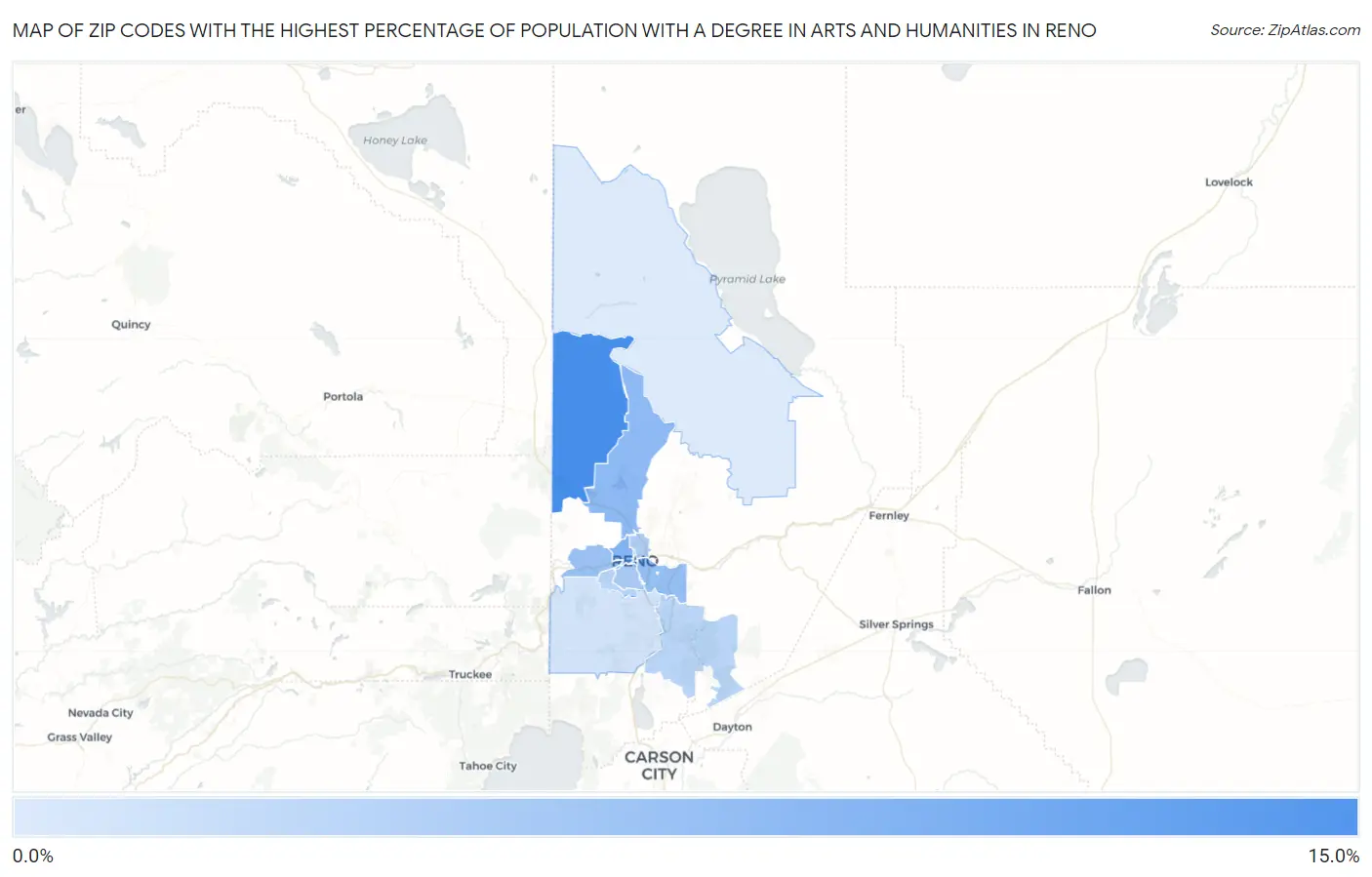 Zip Codes with the Highest Percentage of Population with a Degree in Arts and Humanities in Reno Map