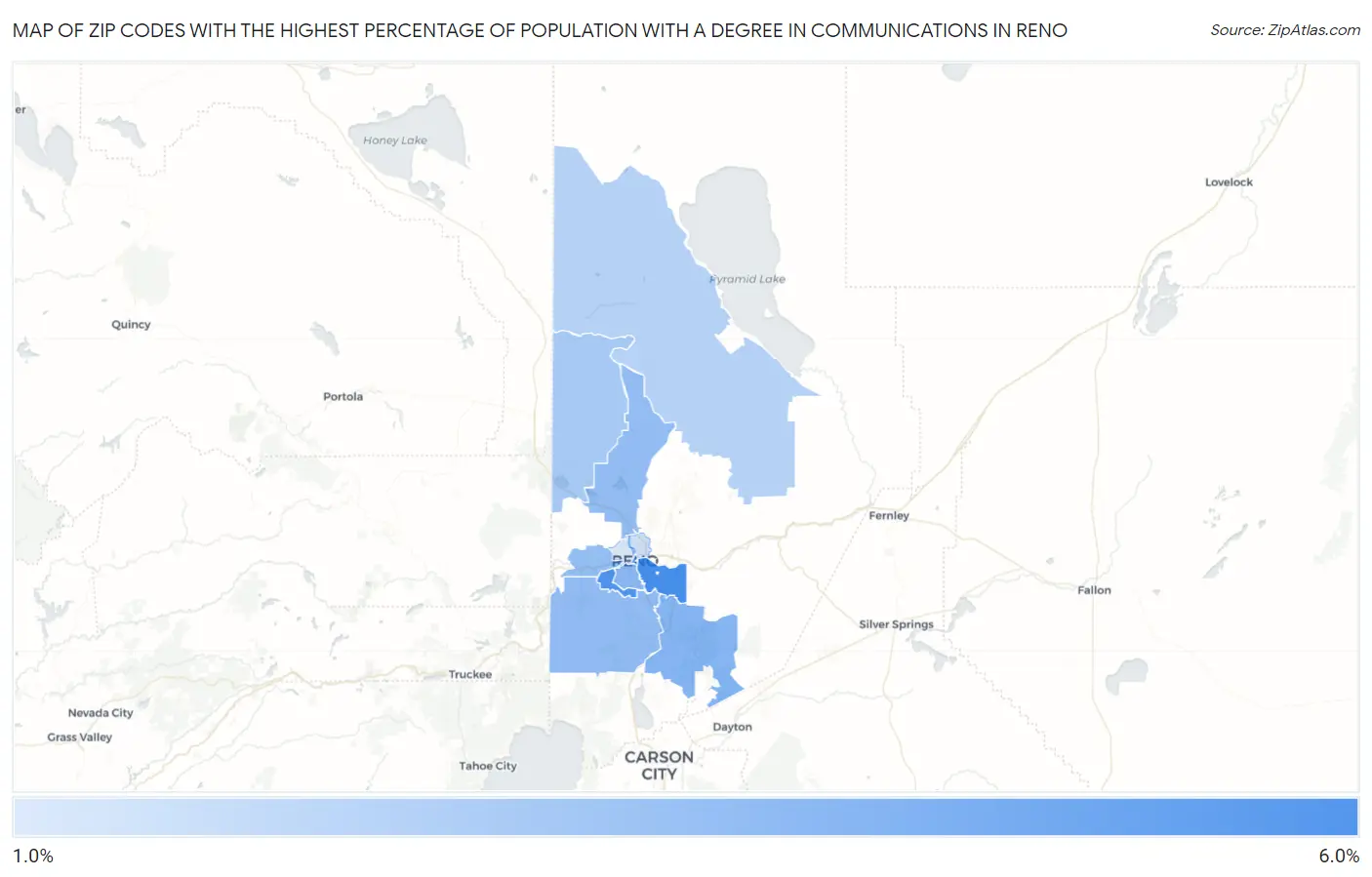 Zip Codes with the Highest Percentage of Population with a Degree in Communications in Reno Map
