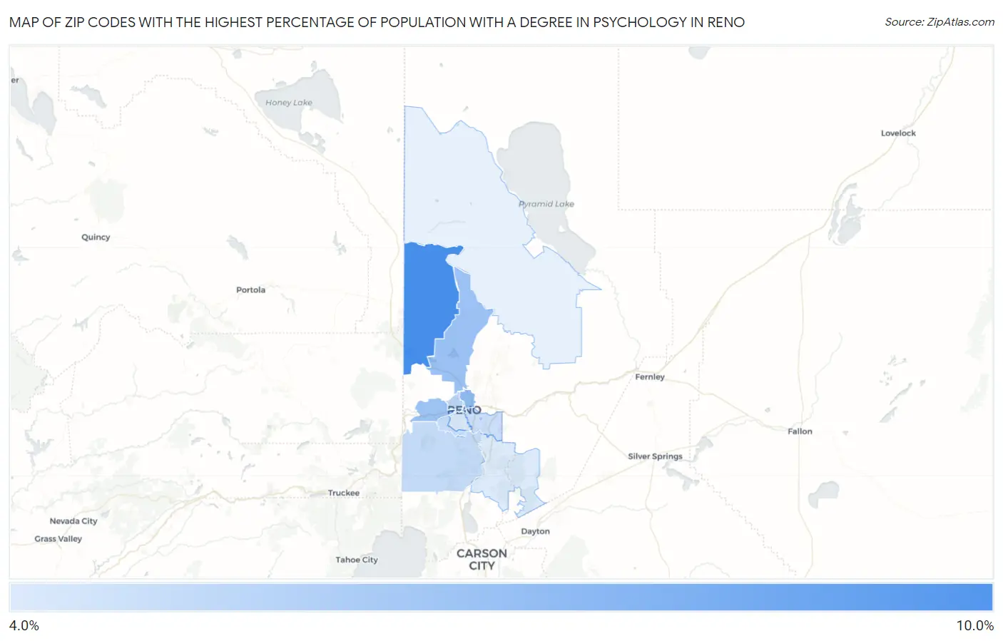 Zip Codes with the Highest Percentage of Population with a Degree in Psychology in Reno Map