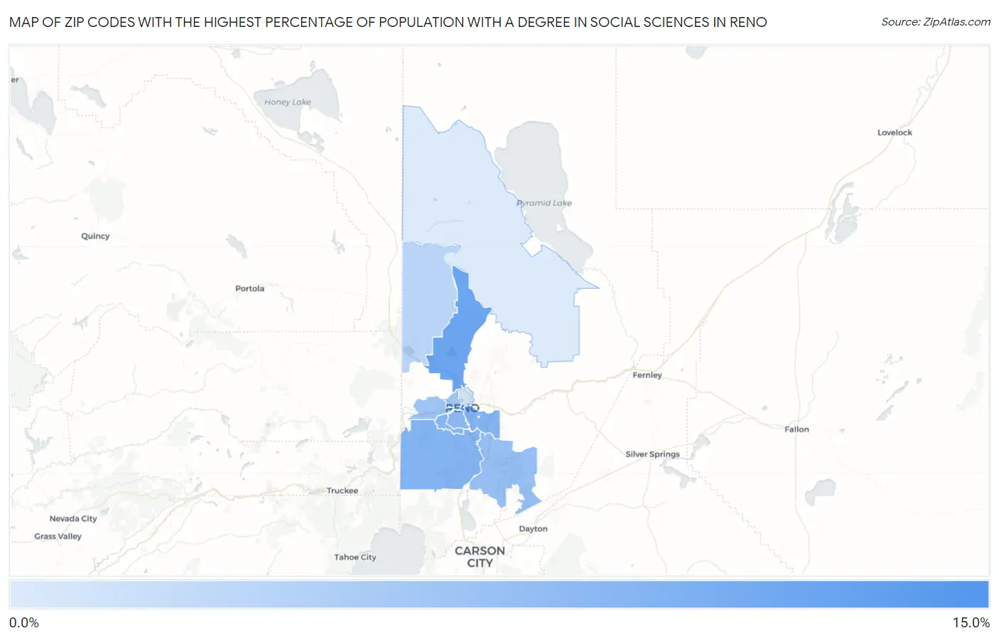 Zip Codes with the Highest Percentage of Population with a Degree in Social Sciences in Reno Map