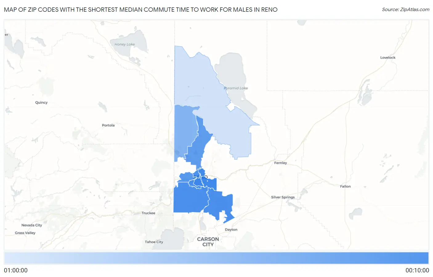 Zip Codes with the Shortest Median Commute Time to Work for Males in Reno Map