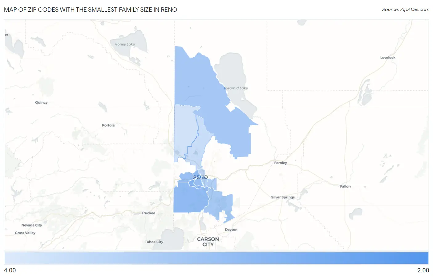Zip Codes with the Smallest Family Size in Reno Map