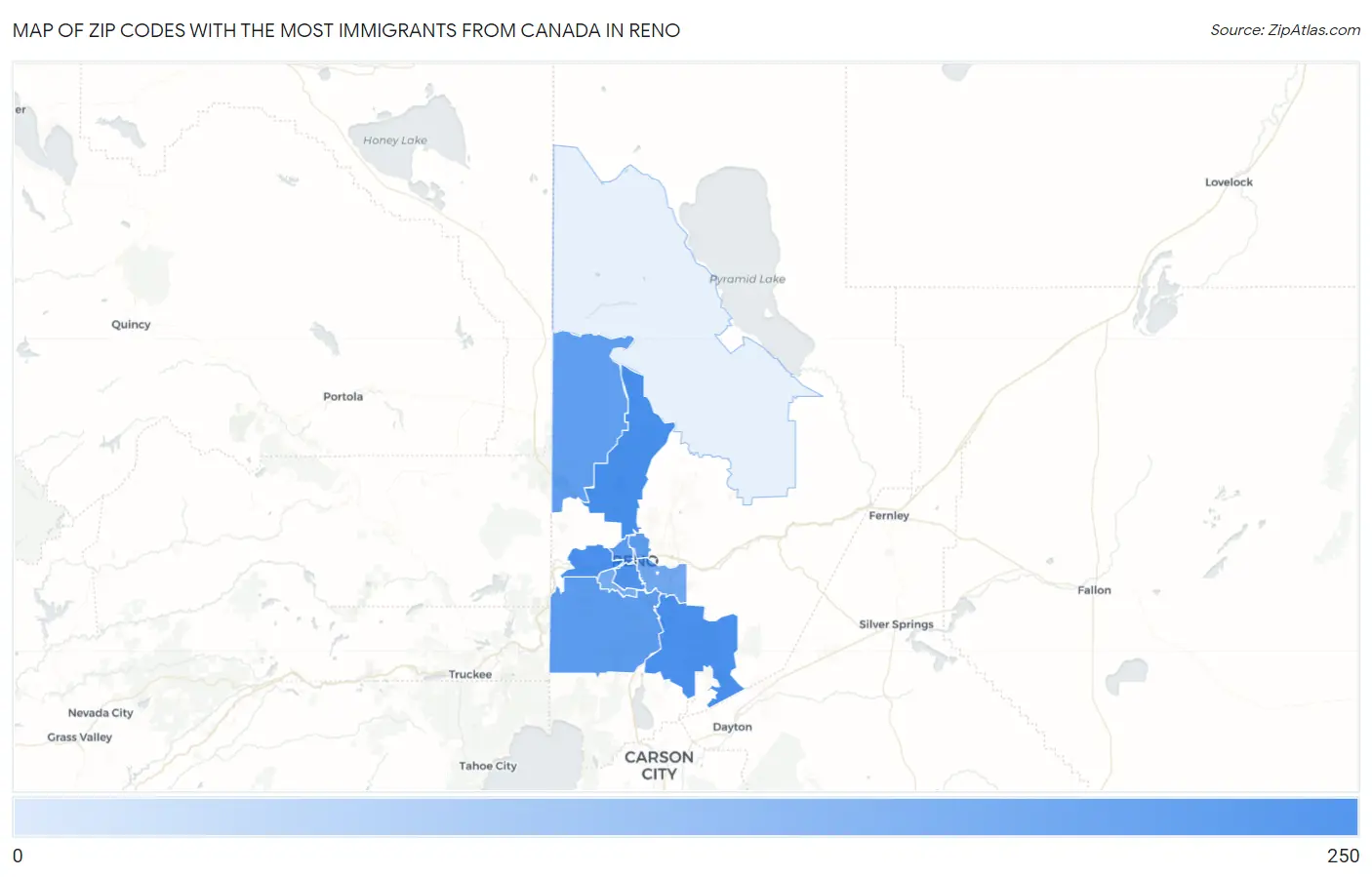 Zip Codes with the Most Immigrants from Canada in Reno Map