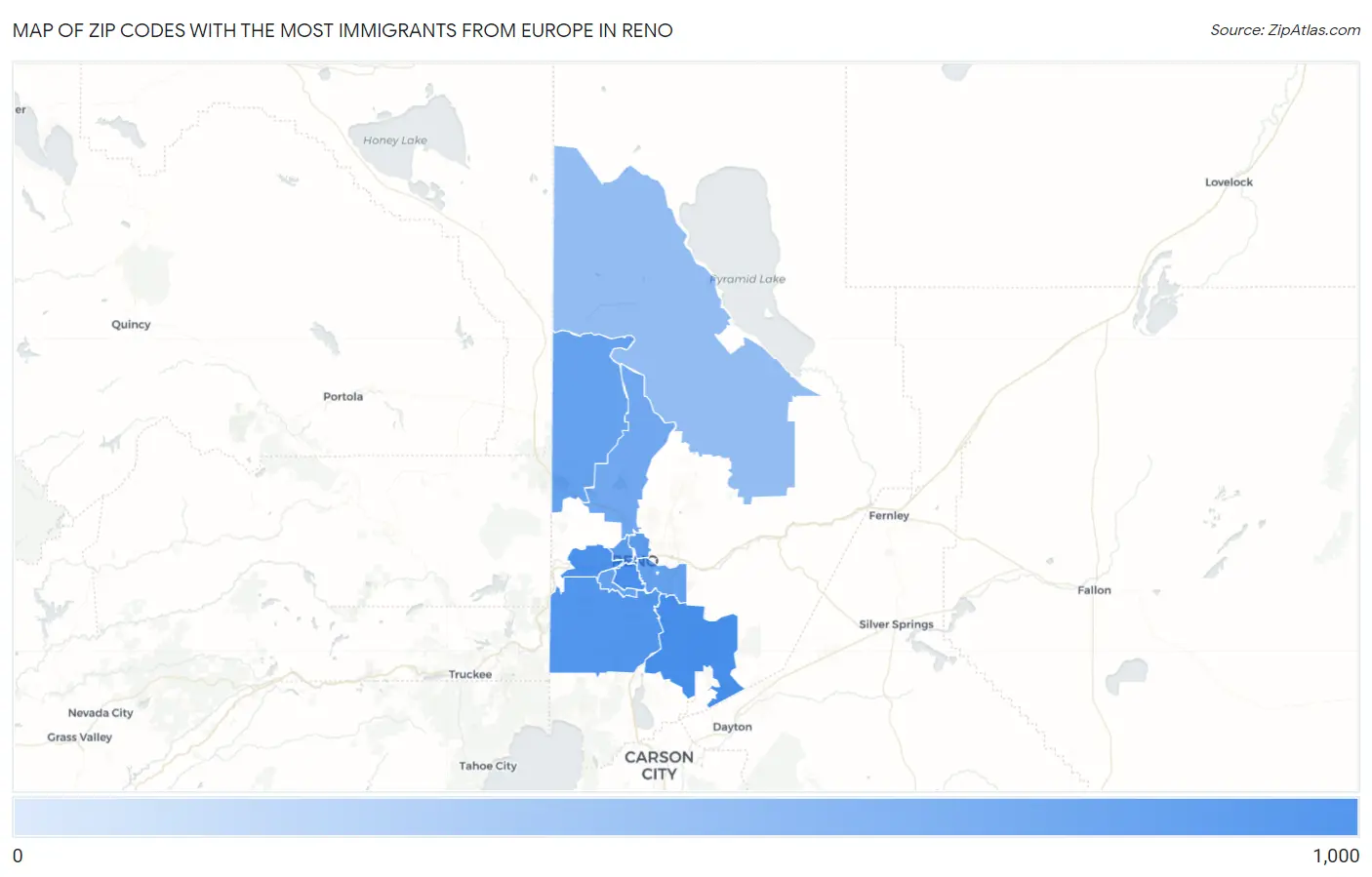 Zip Codes with the Most Immigrants from Europe in Reno Map