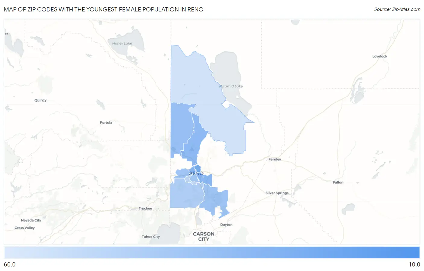 Zip Codes with the Youngest Female Population in Reno Map