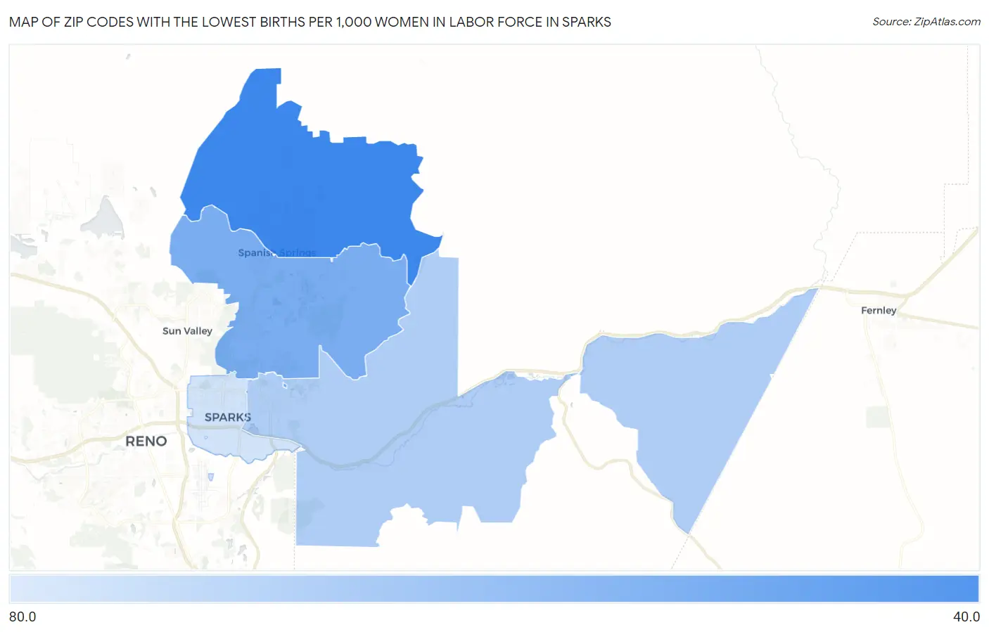 Zip Codes with the Lowest Births per 1,000 Women in Labor Force in Sparks Map