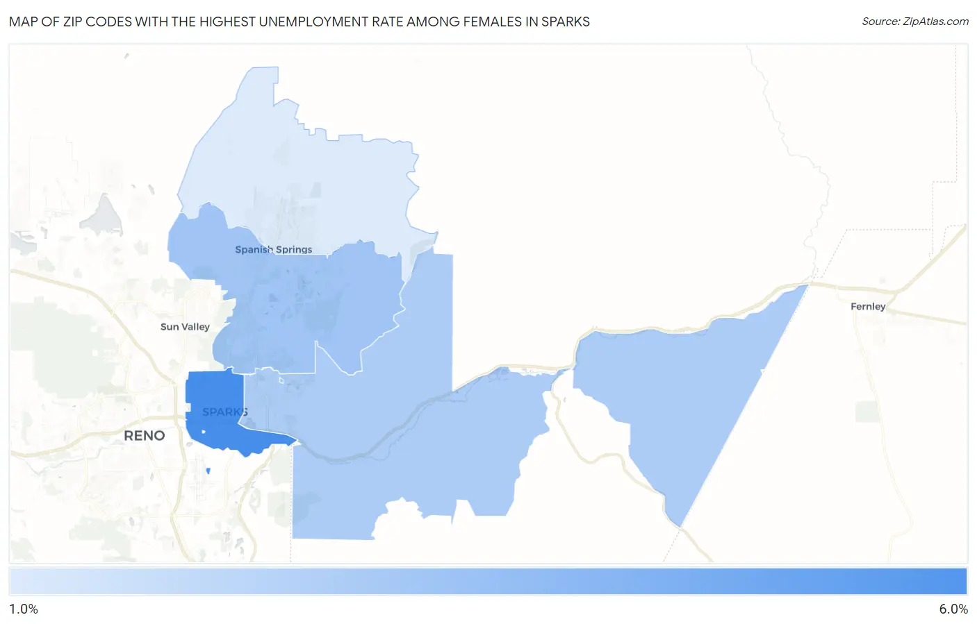Zip Codes with the Highest Unemployment Rate Among Females in Sparks Map