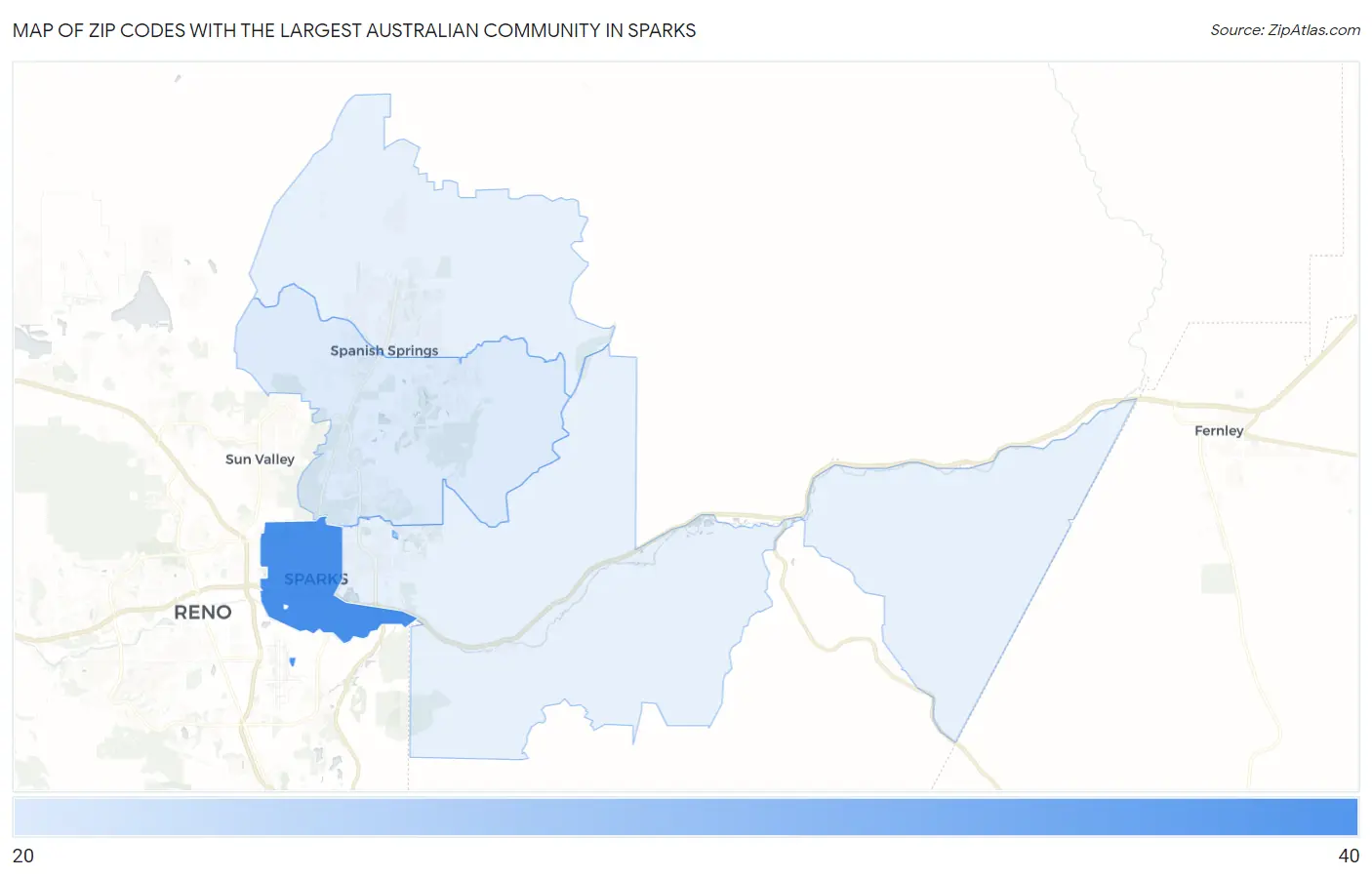 Zip Codes with the Largest Australian Community in Sparks Map