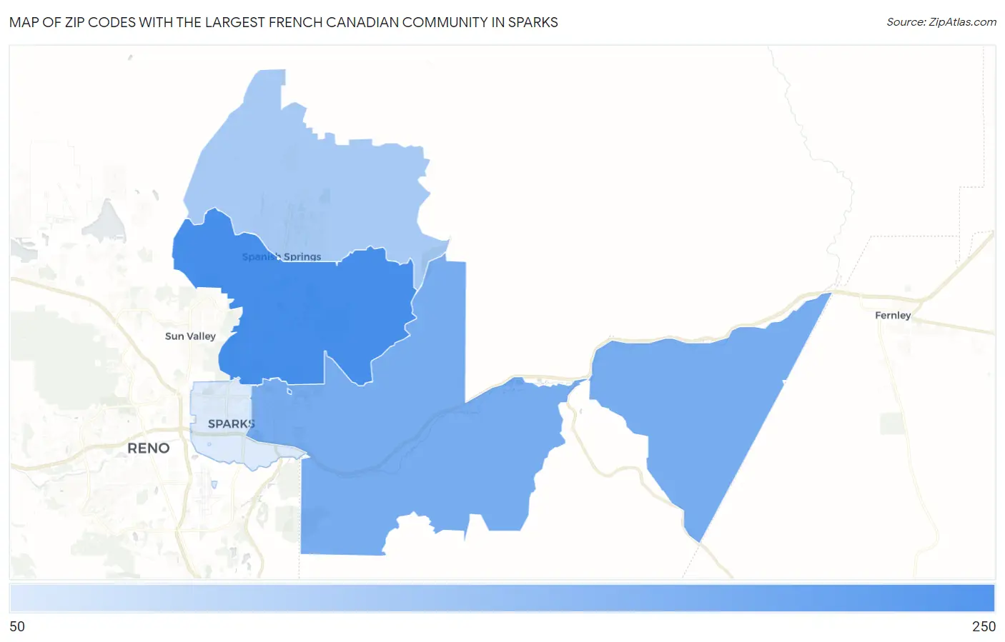 Zip Codes with the Largest French Canadian Community in Sparks Map