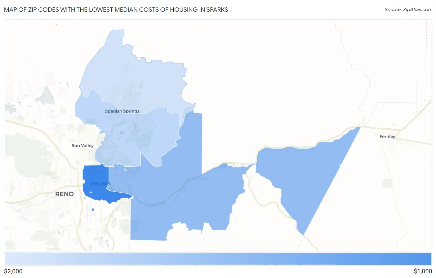 Zip Codes with the Lowest Median Costs of Housing in Sparks Map