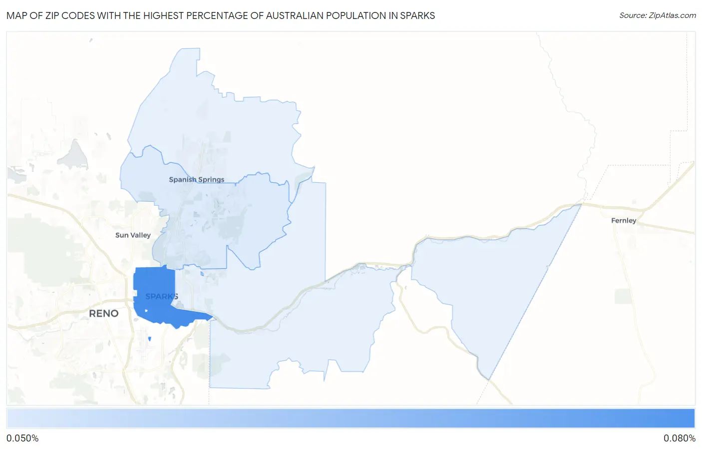Zip Codes with the Highest Percentage of Australian Population in Sparks Map