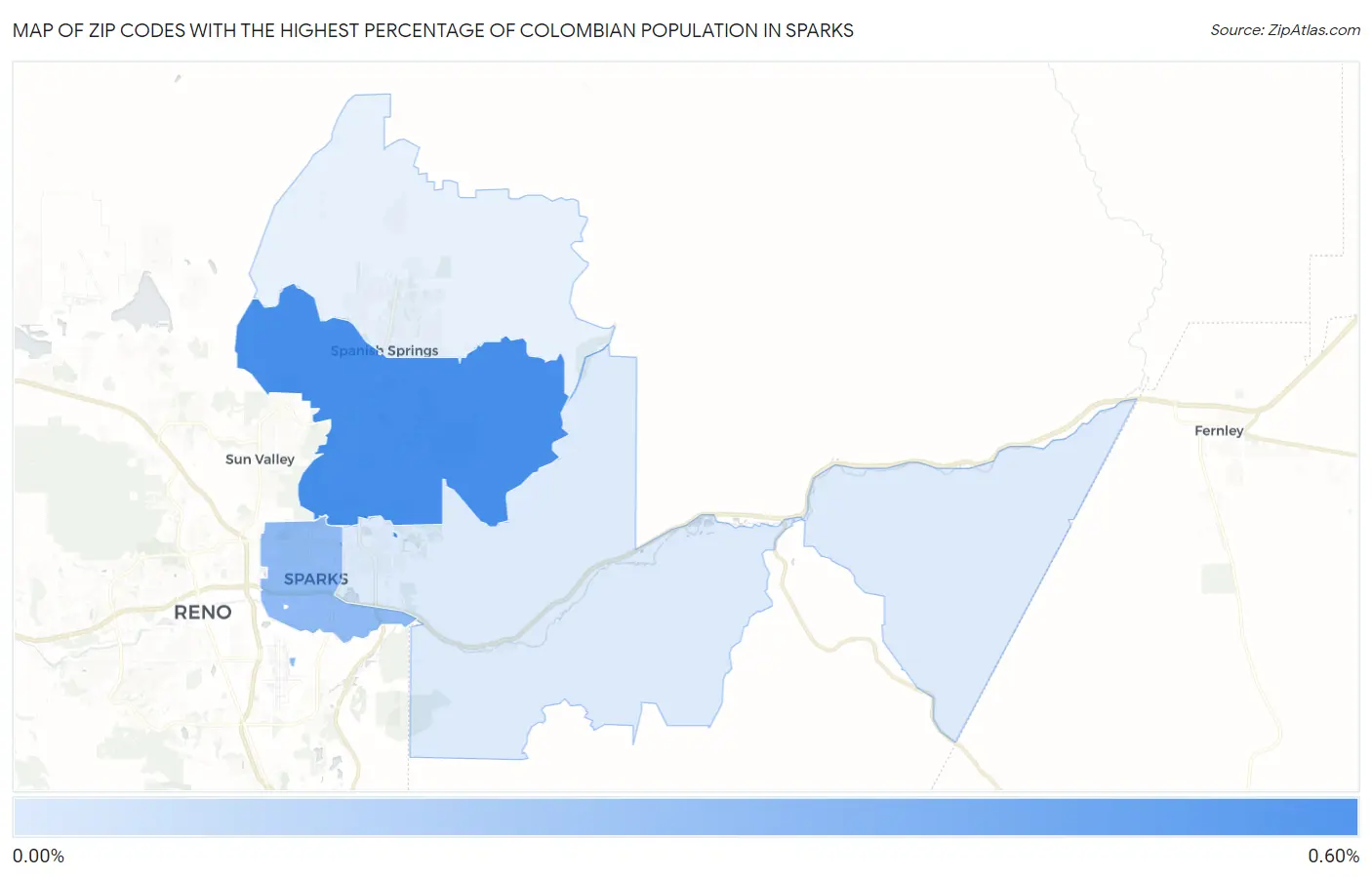 Zip Codes with the Highest Percentage of Colombian Population in Sparks Map