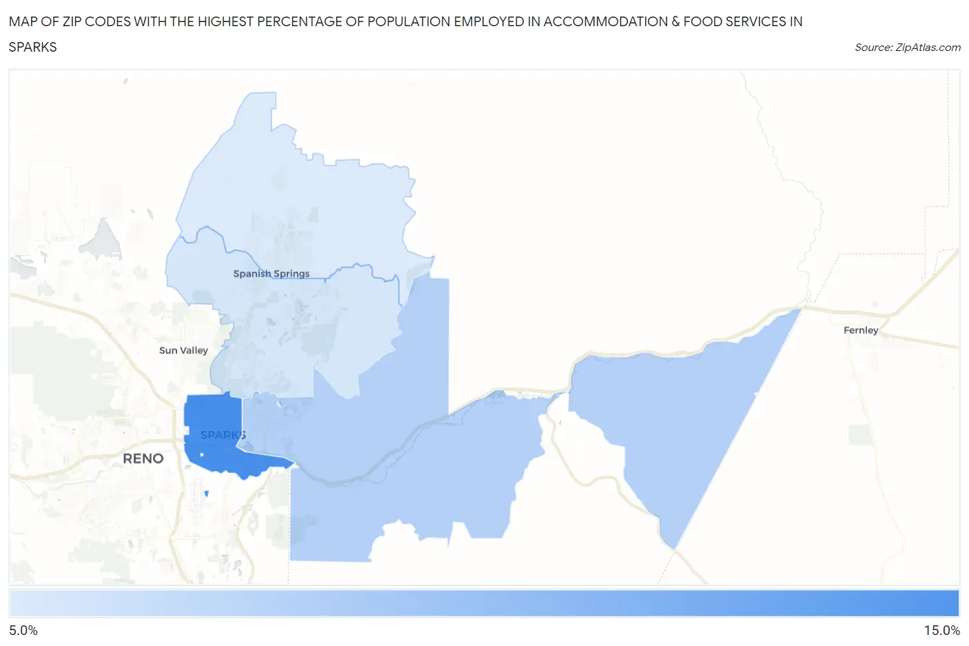 Zip Codes with the Highest Percentage of Population Employed in Accommodation & Food Services in Sparks Map