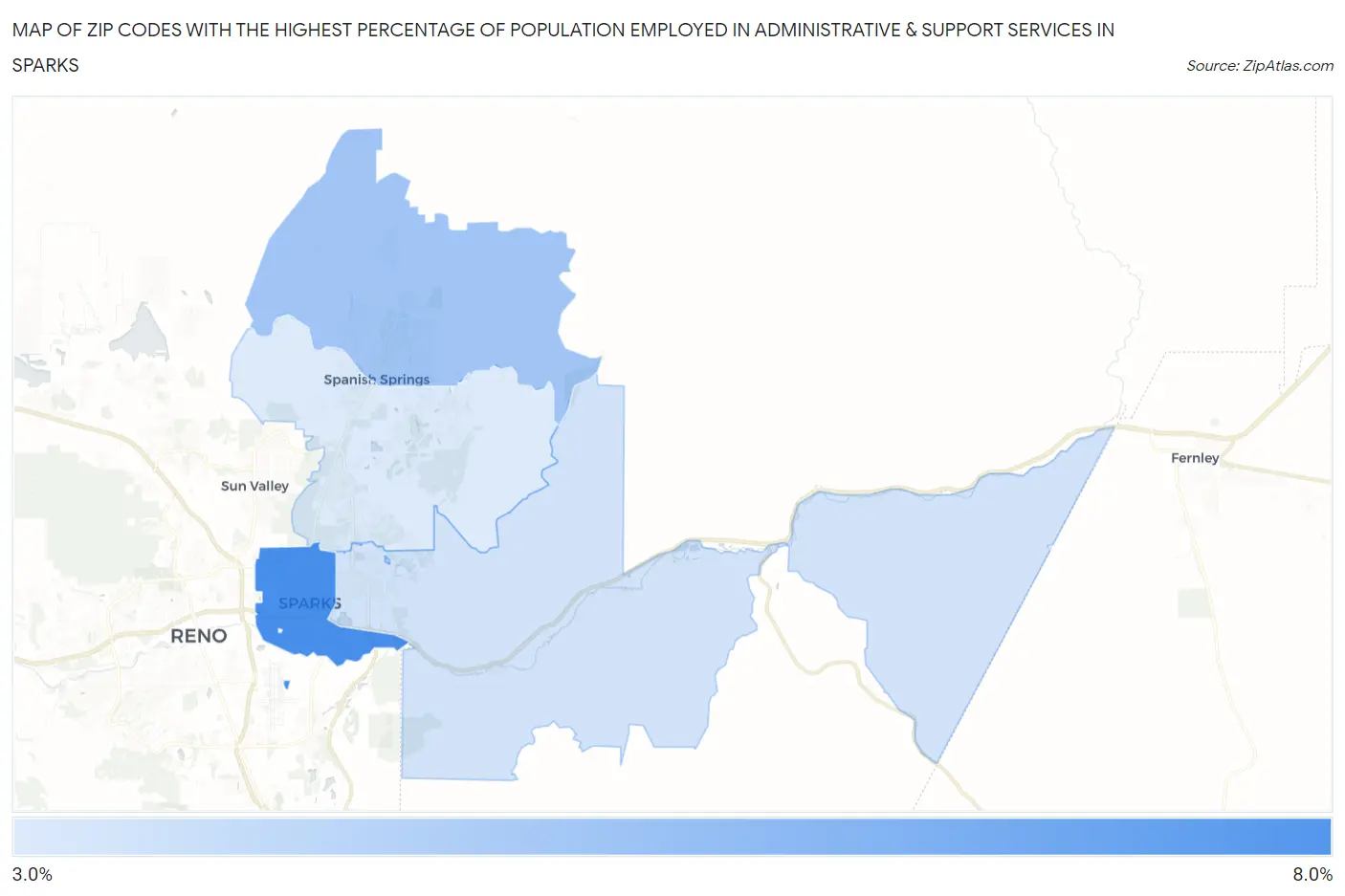Zip Codes with the Highest Percentage of Population Employed in Administrative & Support Services in Sparks Map