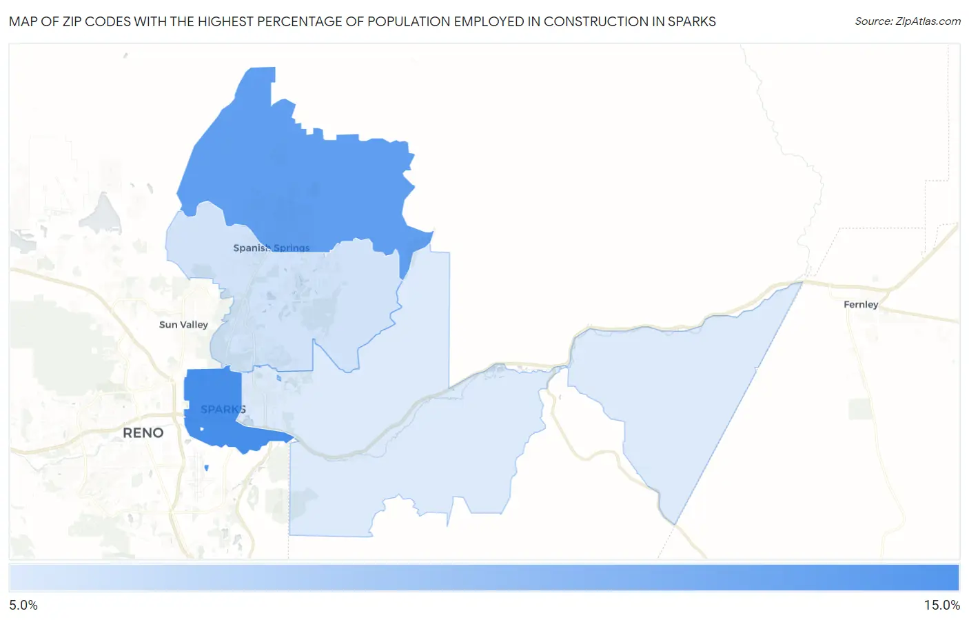 Zip Codes with the Highest Percentage of Population Employed in Construction in Sparks Map