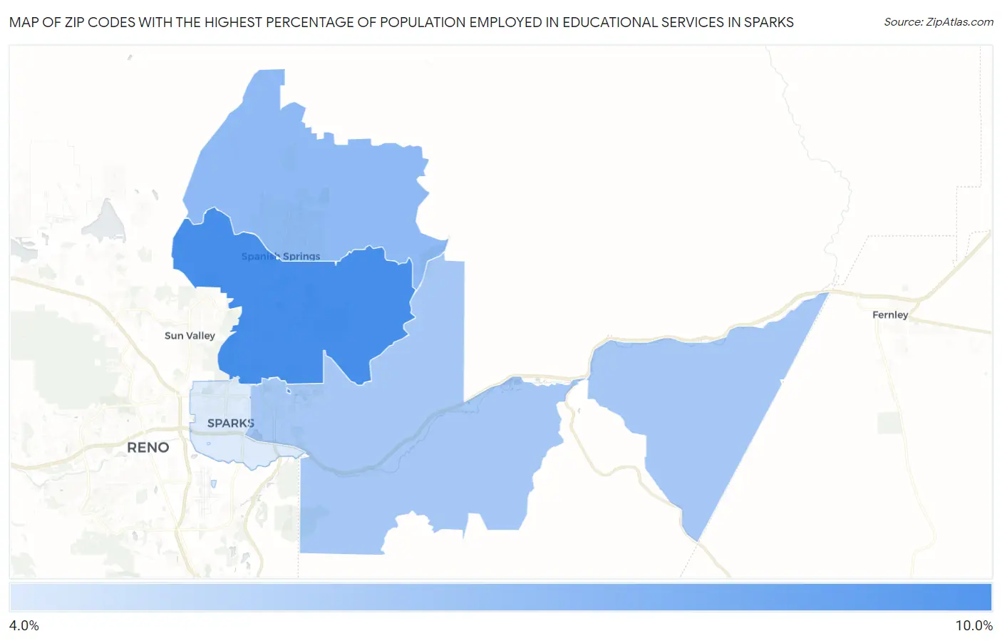 Zip Codes with the Highest Percentage of Population Employed in Educational Services in Sparks Map