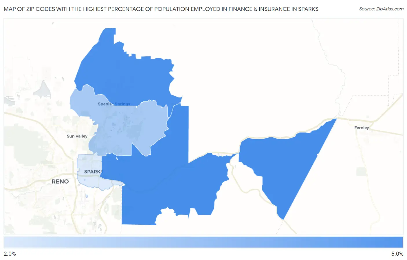 Zip Codes with the Highest Percentage of Population Employed in Finance & Insurance in Sparks Map