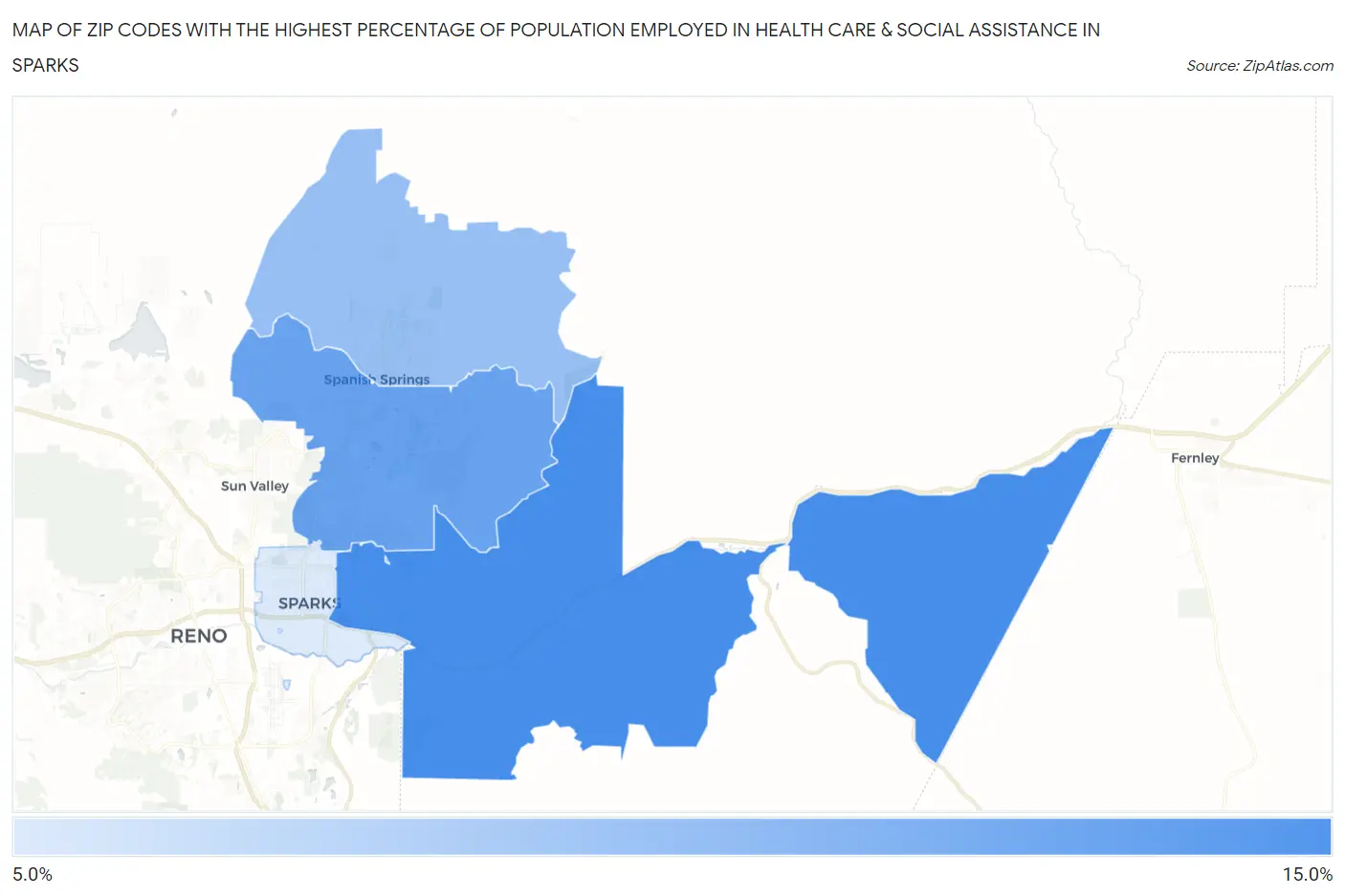 Zip Codes with the Highest Percentage of Population Employed in Health Care & Social Assistance in Sparks Map
