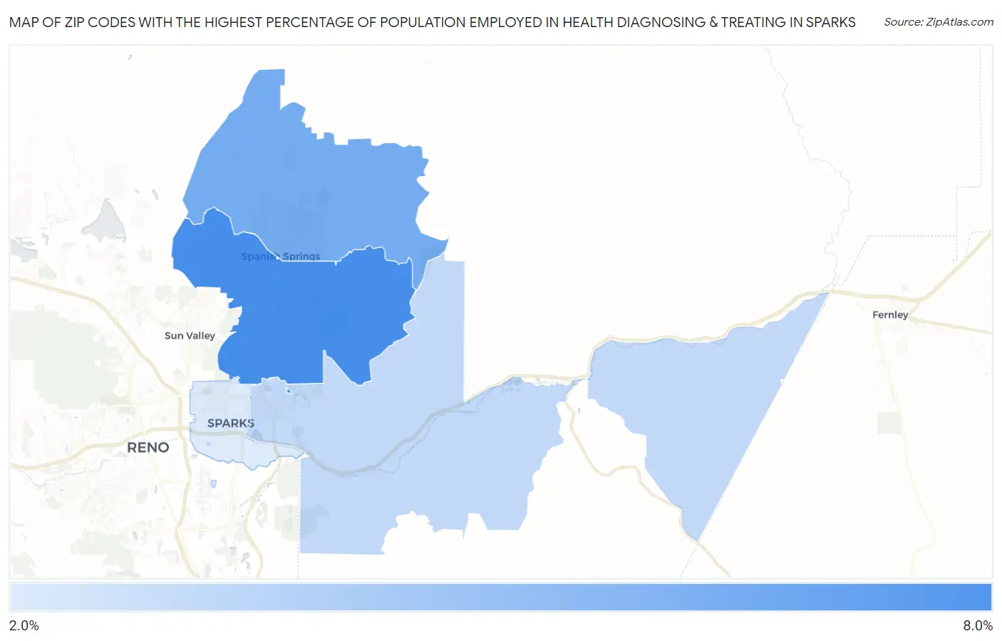 Zip Codes with the Highest Percentage of Population Employed in Health Diagnosing & Treating in Sparks Map
