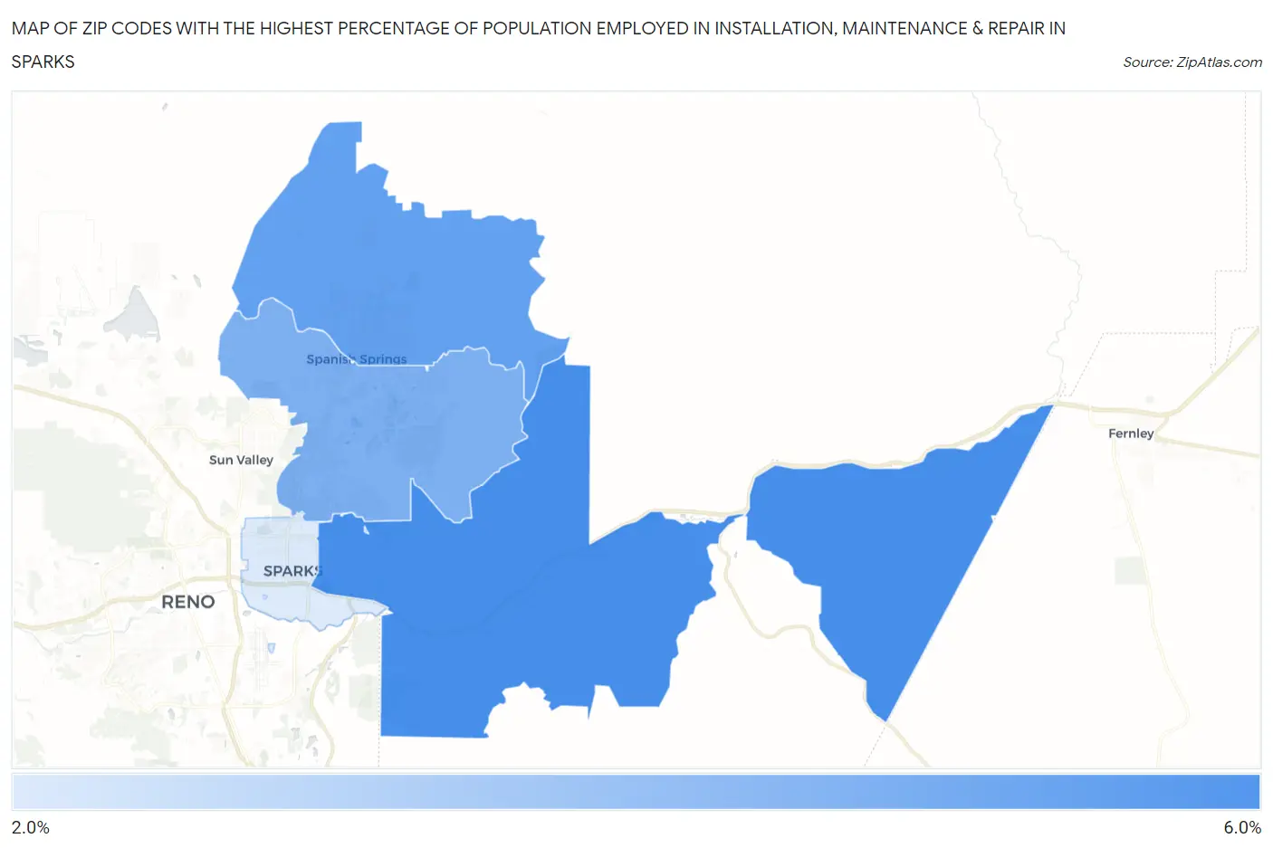Zip Codes with the Highest Percentage of Population Employed in Installation, Maintenance & Repair in Sparks Map
