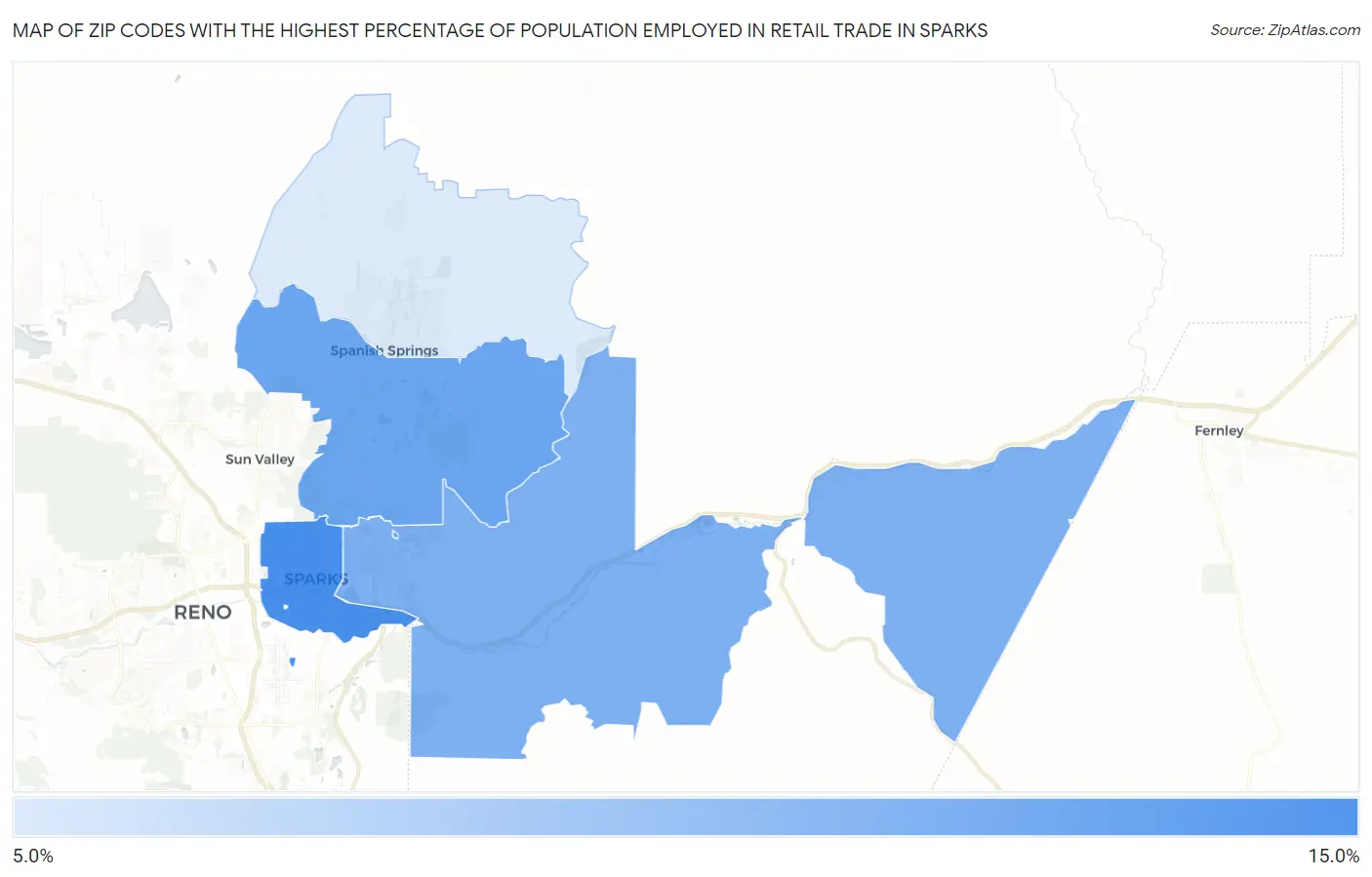 Zip Codes with the Highest Percentage of Population Employed in Retail Trade in Sparks Map