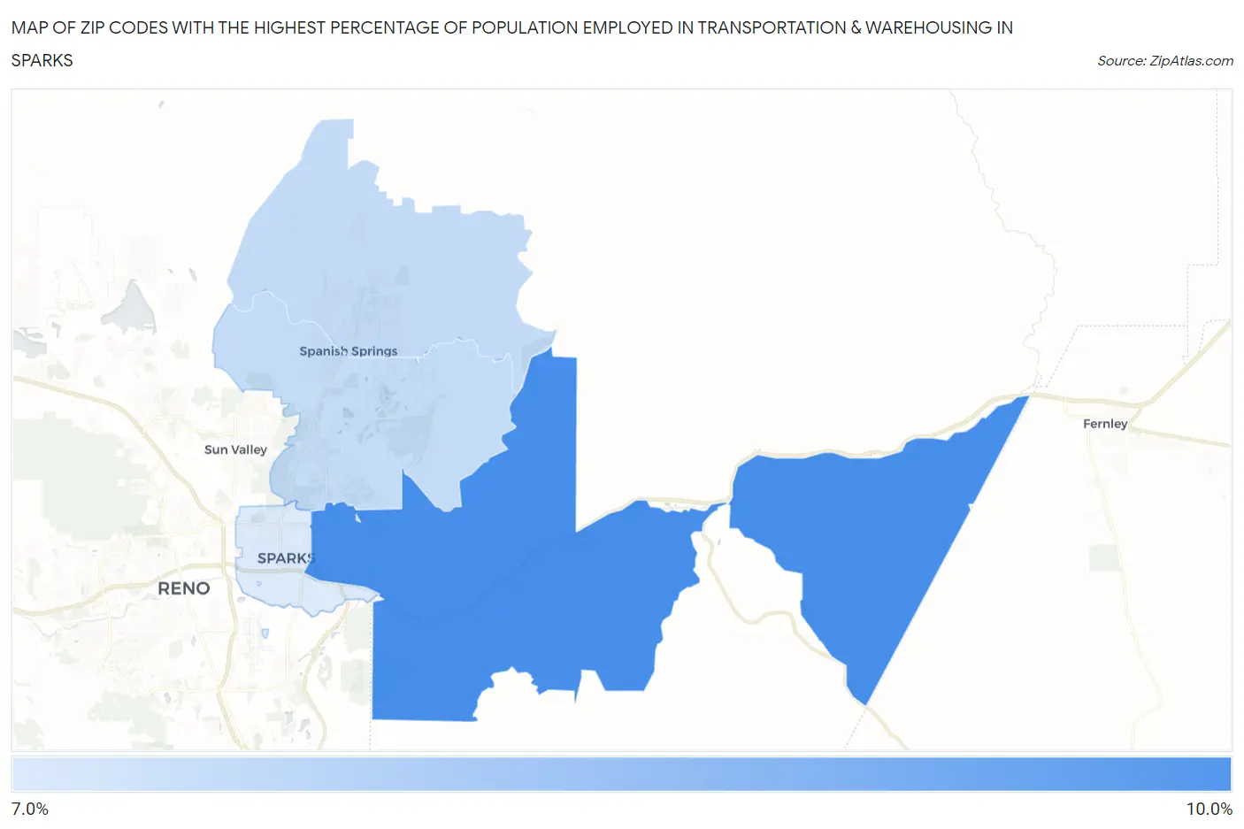 Zip Codes with the Highest Percentage of Population Employed in Transportation & Warehousing in Sparks Map