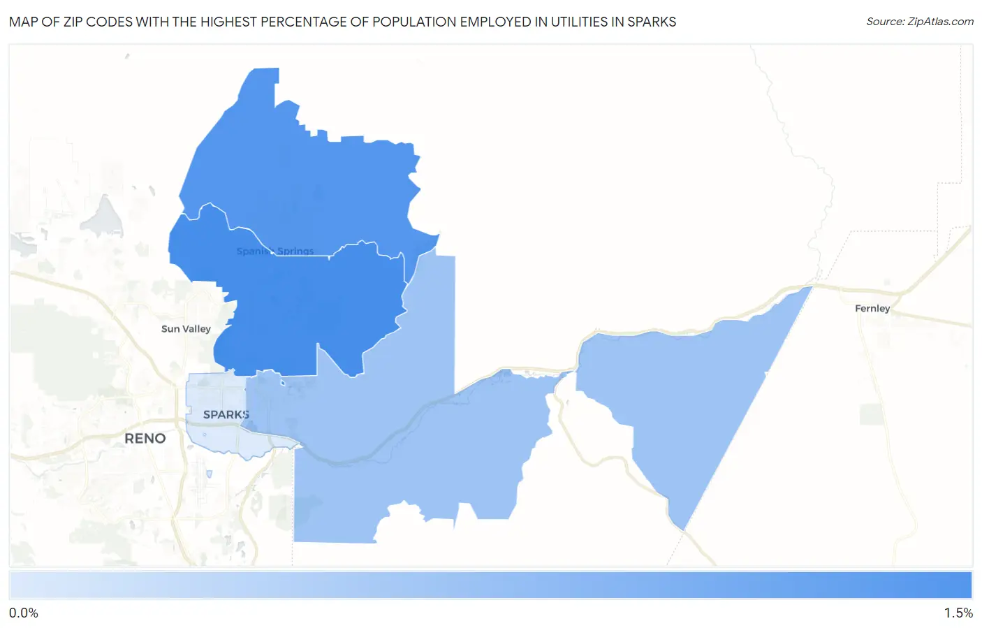 Zip Codes with the Highest Percentage of Population Employed in Utilities in Sparks Map